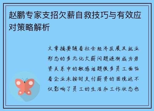赵鹏专家支招欠薪自救技巧与有效应对策略解析